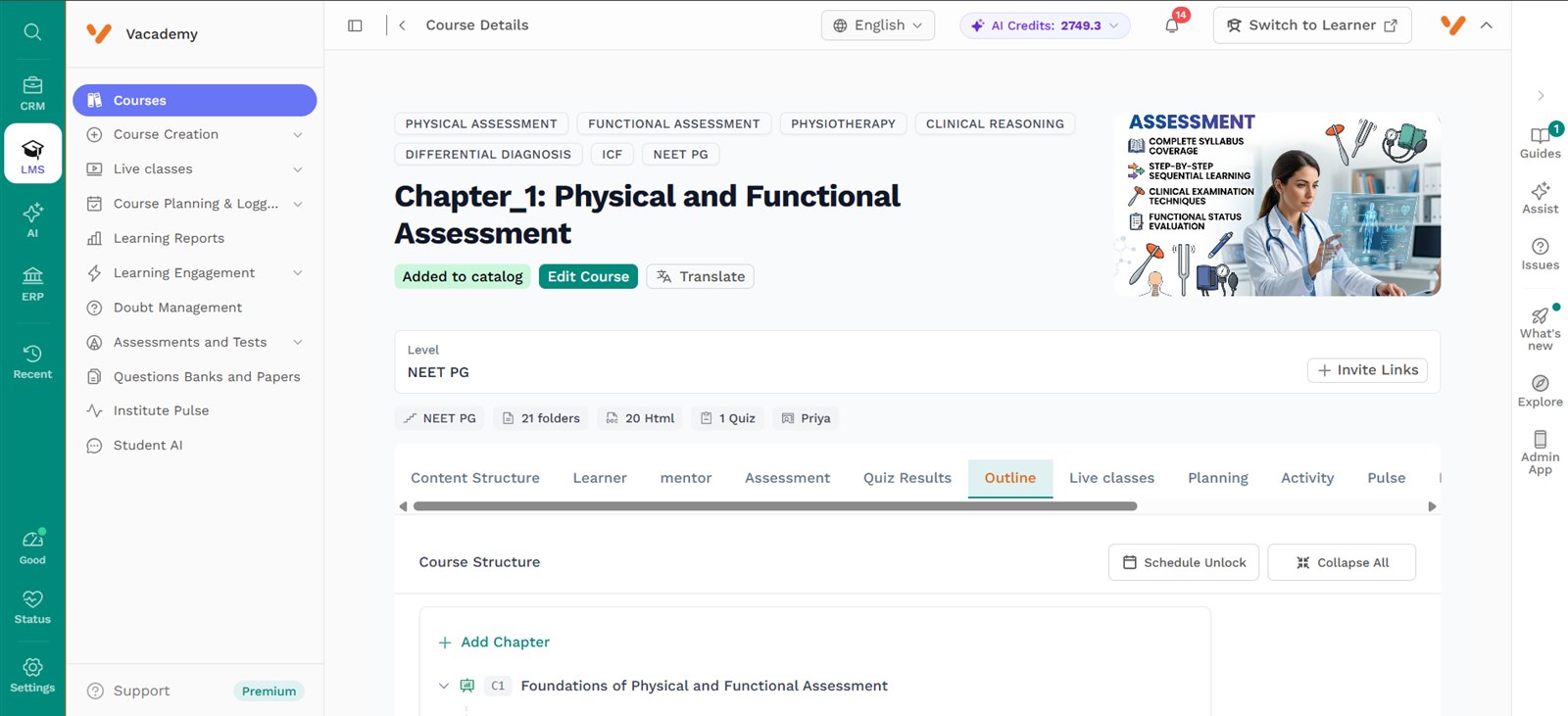 A finished Vacademy course page showing tags, a cover banner, 21 folders, 20 lessons, a quiz, and tabs for learners, assessments, quiz results, live classes and activity