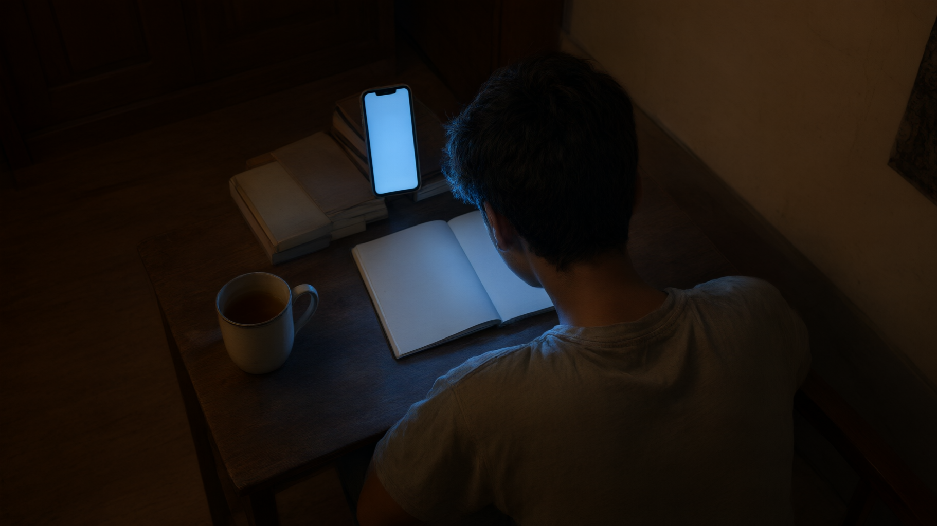 A student studying alone at night on a phone after leaving a coaching institute, with nobody tracking whether he keeps up