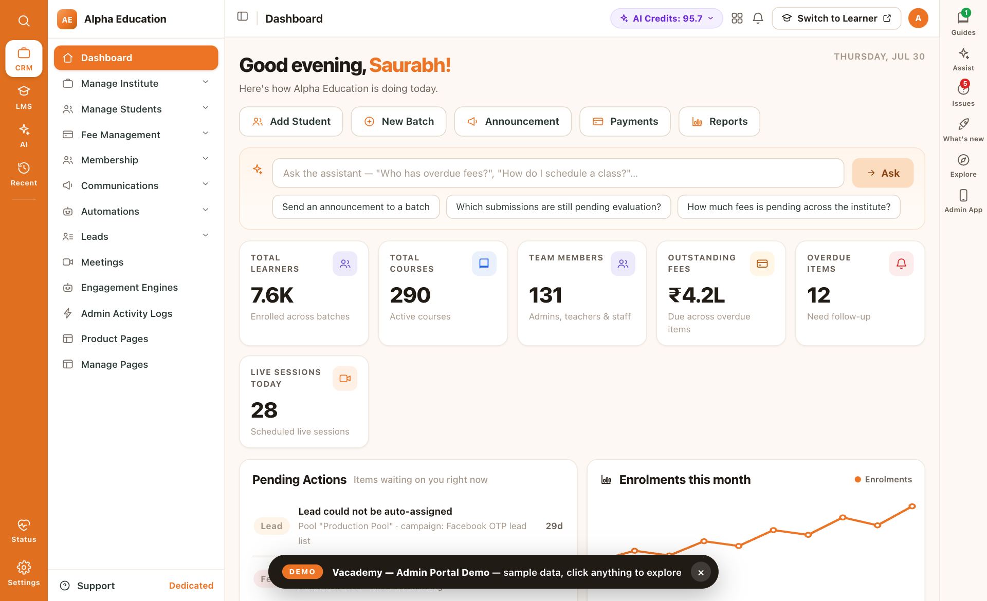 Vacademy admin dashboard: learners, courses, outstanding fees, an AI assistant and pending actions
